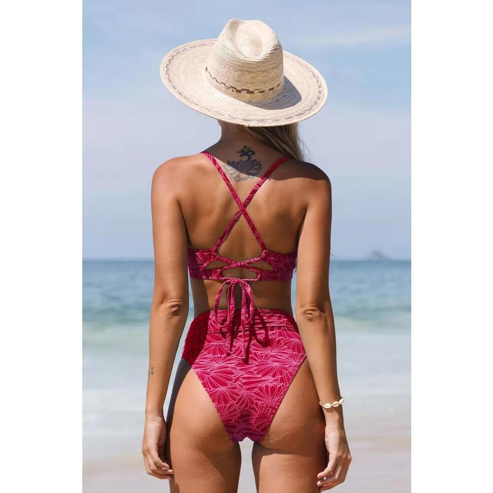 NWT Cupshe Red Floral Jacquard Scalloped Bralette High Waist Bikini Set Size M - Picture 2 of 4